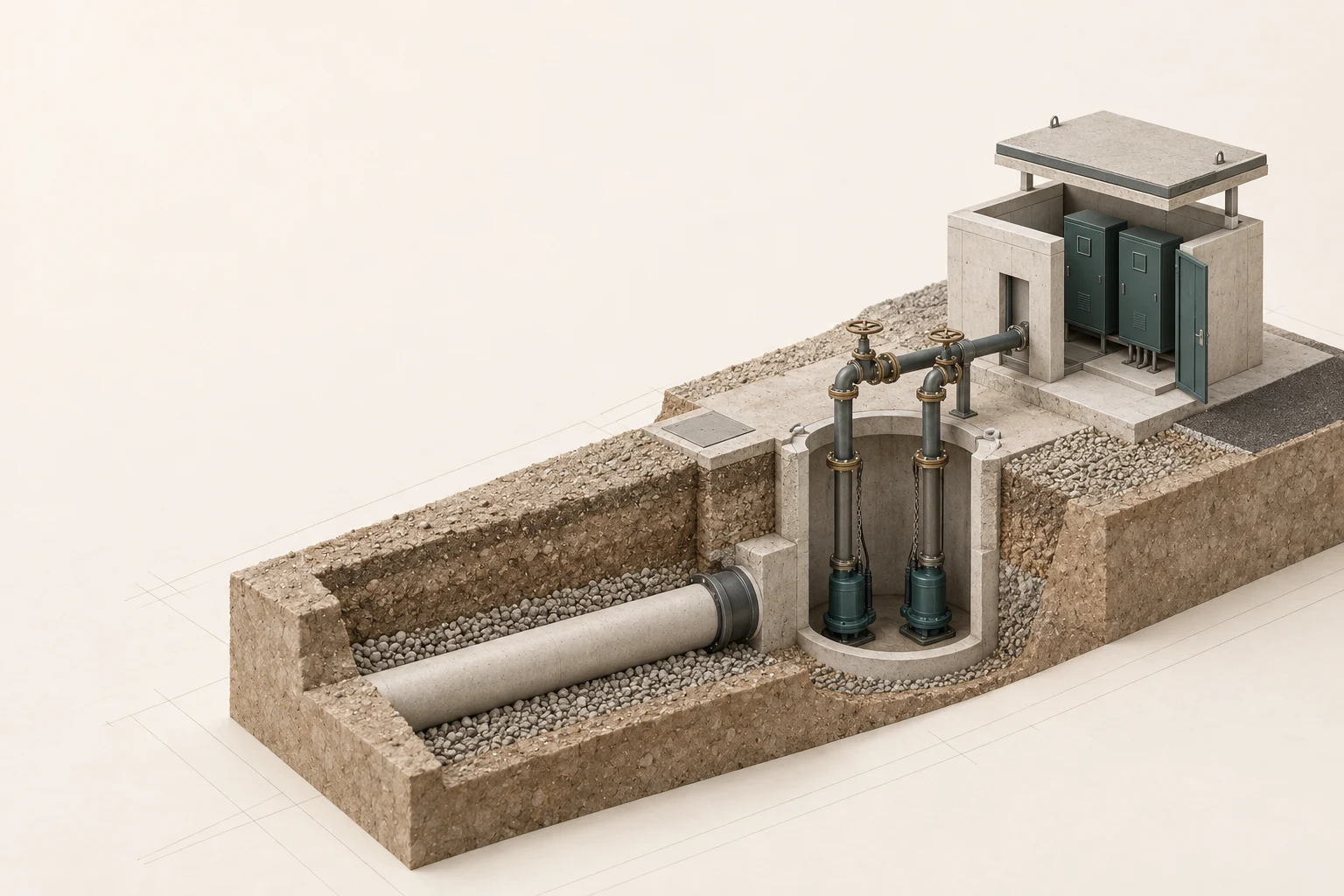 Conceptual pump-station construction cutaway showing pumps, an electrical building, and civil pipe work