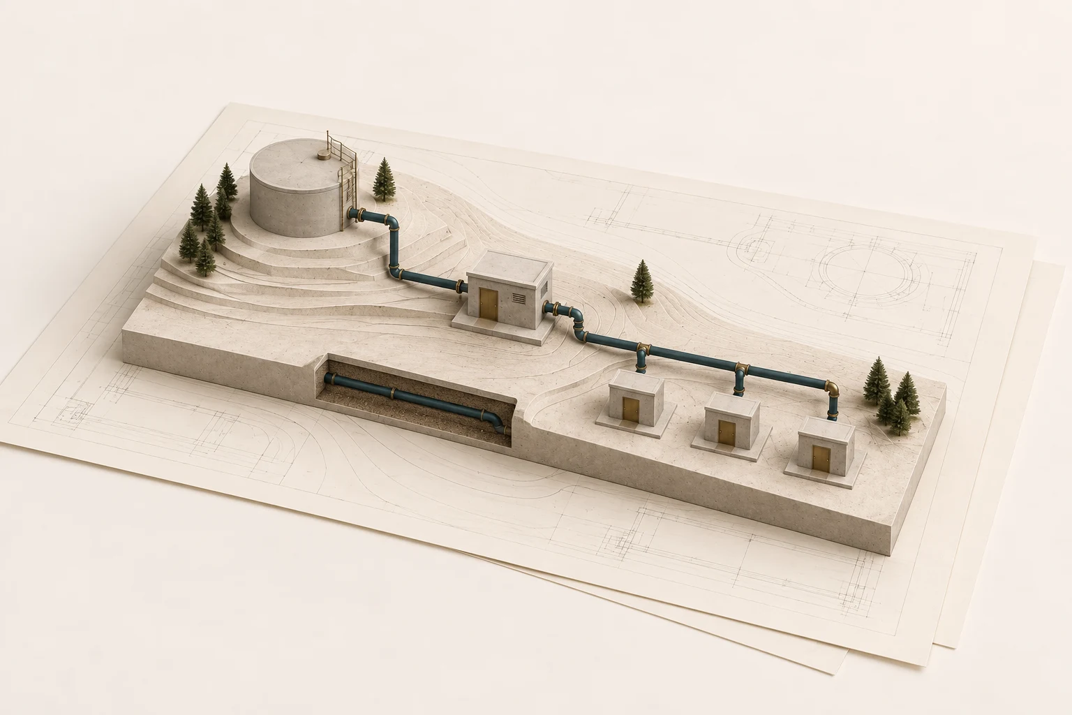 Conceptual water infrastructure model with a reservoir, pump house, and connected main