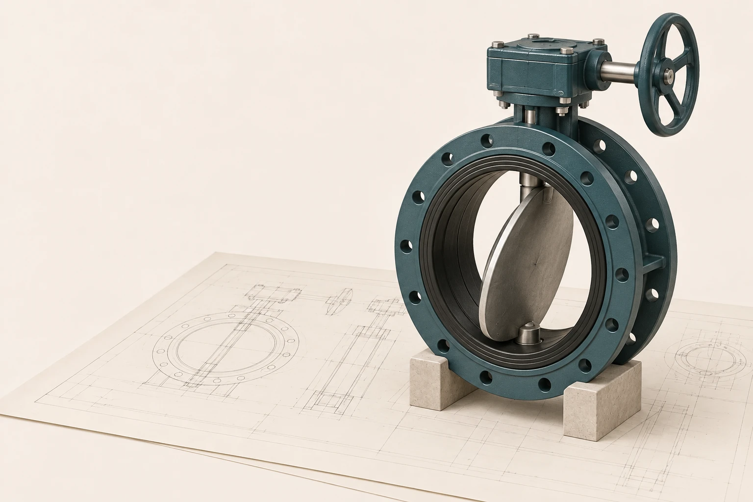 Butterfly valve study showing the circular body, disc, stem, and handwheel-operated gearbox on an engineering plan